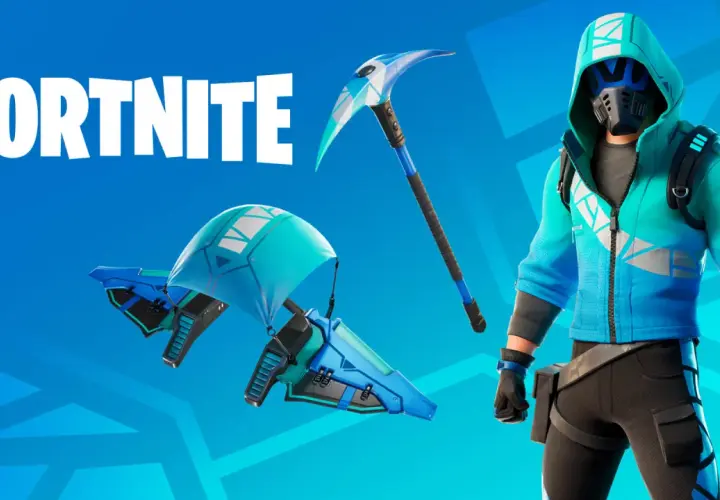Bohaterka Fortnite w niebieskim stroju z maską, kilofem i lotnią.
