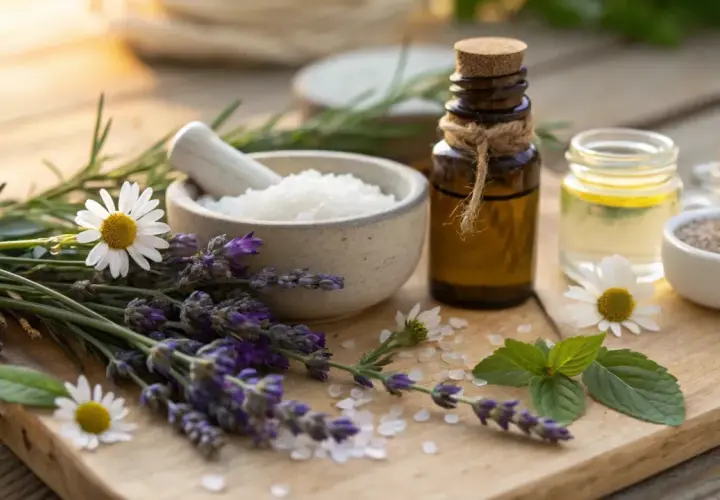 Naturliga ingredienser för hudvård: lavendel, kamomill, örter och jojobaolja ansikte i bärnstensfärgad flaska.