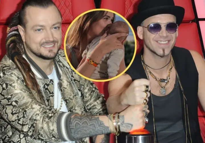 Dwóch mężczyzn siedzi na czerwonych fotelach. W okręgu kobieta całuje dziecko.