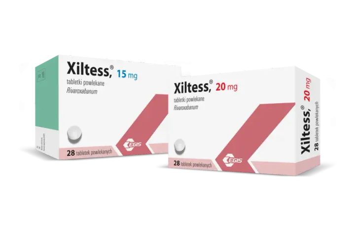 Dwa opakowania leku Xiltess: 15 mg i 20 mg, zawierające 28 tabletek powlekanych każdy.