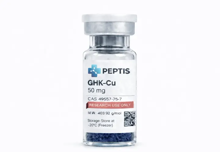 Szklana fiolka z niebieskim proszkiem, zawiera GHK-Cu peptyd 50 mg, do badań.