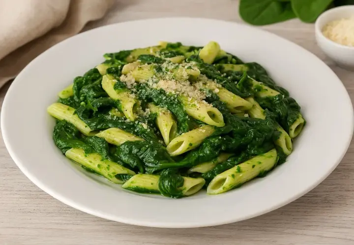 Pâtes aux épinards, une recette italienne simple et savoureuse. Les penne sont enrobées d'une sauce verte aux épinards frais, saupoudrées de parmesan.