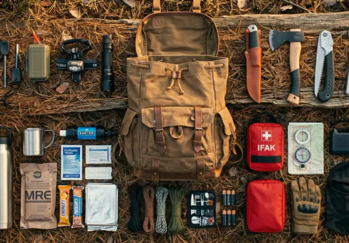 Plecak i ekwipunek survivalowy: nóż, siekiera, latarka, mapa, kompas, IFAK, racje żywnościowe, filtr wody, baterie. To wszystko to przygotowania do wojny.