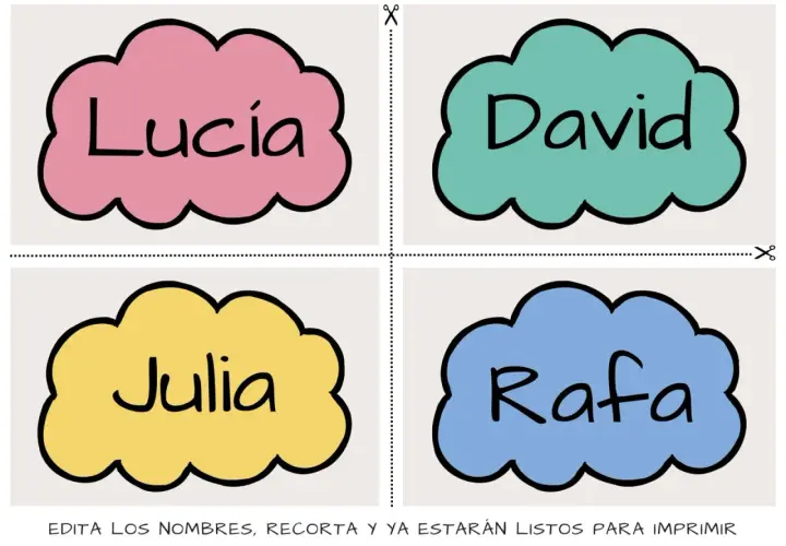 Nubes de colores con nombres: Lucía, David, Julia y Rafa. Ideales para imprimir nombres con letras bonitas y personalizarlos.