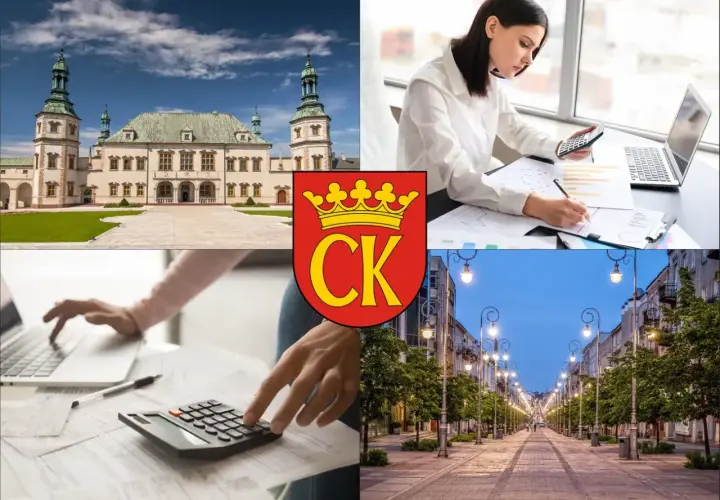 Kielce: Pałac Biskupów Krakowskich, kobiety pracujące z kalkulatorem i laptopem, herb miasta, ulica Sienkiewicza.