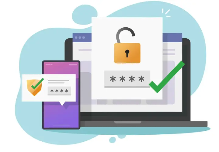 Sécurité renforcée : un cadenas ouvert et des étoiles pour le mot de passe sur un écran d'ordinateur, avec un téléphone affichant un code et un bouclier. Fin des demandes de mot de passe intempestives Office 365.
