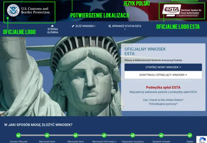 Fragment Statuy Wolności na tle flagi USA, z logo ESTA i informacjami o wniosku.