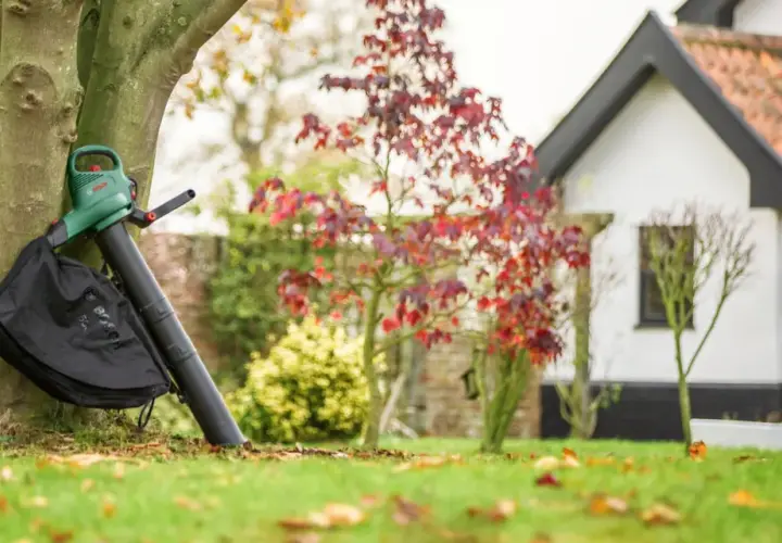 Laubbläser mit Fangbeutel lehnt am Baum, bereit, das Herbstlaub zu zerkleinern. Im Hintergrund ein Haus und Garten.
