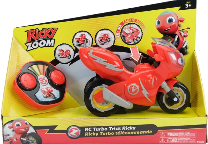 Zabawki Ricky Zoom: czerwony motocykl na radio z pilotem, gotowy do akcji i sztuczek.