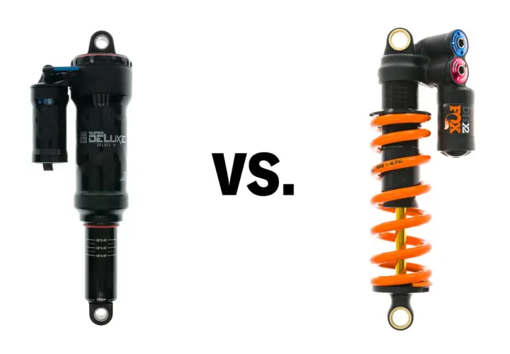 RockShox Super Deluxe vs. Fox DHX2 coil shock. Two mountain bike suspension shocks, one air, one coil, ready for action.