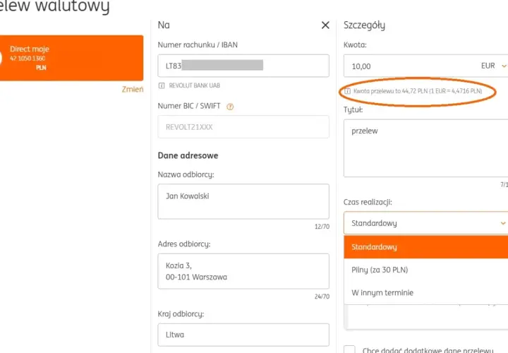 Formularz przelewu walutowego. Kwota przelewu to 44,72 PLN (1 EUR = 4,4716 PLN).