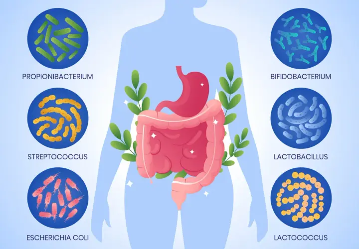 Illustrazione del corpo umano con dettagli su stomaco e intestino, circondato da diverse specie batteriche. Guida visiva per capire il microbiota intestinale come curarlo.