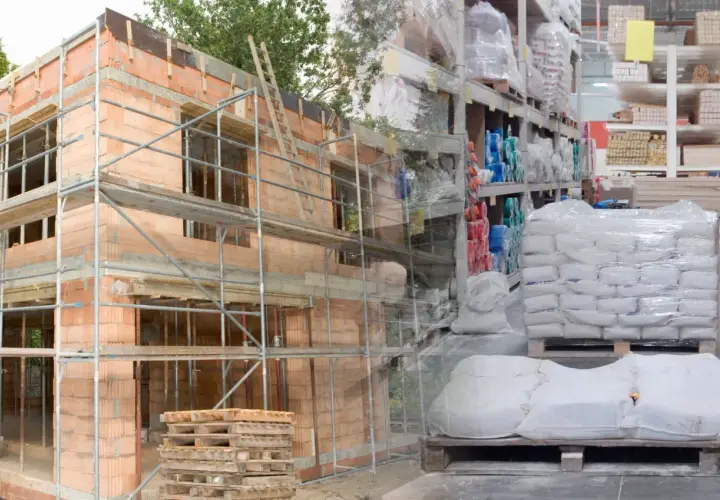 Budowa domu w toku, obok magazyn materiałów budowlanych. Widać palety z cementem i półki z różnymi produktami. Ceny materiałów budowlanych wpływają na koszty inwestycji.