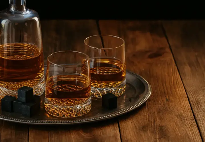 Dwa kieliszki whisky i karafka na tacy. Obok kostki chłodzące (stones) pokazują, dlaczego są lepsze od lodu, unikając rozcieńczenia.