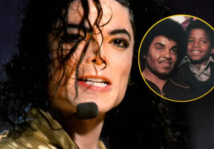 Michael Jackson, jeden z najsłynniejszych zagranicznych piosenkarzy, na scenie. W okręgu zdjęcie z ojcem Joe Jacksonem i młodym Michaelem.