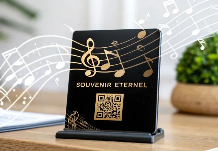 Carte "Souvenir Éternel" avec QR code et notes de musique. Idéal pour savoir comment créer une playlist gratuitement et partager vos musiques préférées.