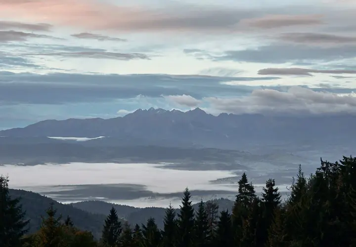 Mglisty poranek na Turbaczu. Wschód słońca maluje niebo pastelowymi barwami nad morzem chmur, a w oddali majaczą Tatry.