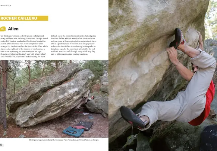 Wspinacz na skale, trudna **skala boulderowa** "Alien" w Fontainebleau.