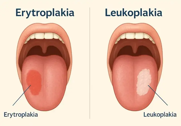 Zdjęcie pokazuje objawy raka jamy ustnej: erytroplakię (czerwona plama) i leukoplakię (biała plama) na języku.