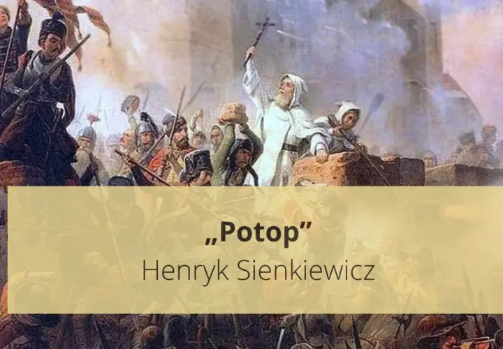 Obraz przedstawia scenę bitwy, nawiązującą do "Potopu" Henryka Sienkiewicza. Widać żołnierzy, krzyż i fragmenty murów.