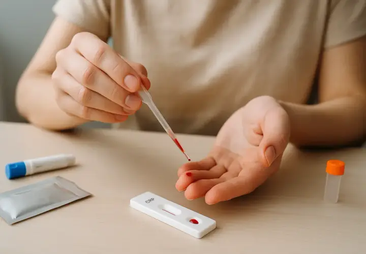 Osoba pobiera kroplę krwi pipetką do testu CRP, by sprawdzić, co to jest stan zapalny.
