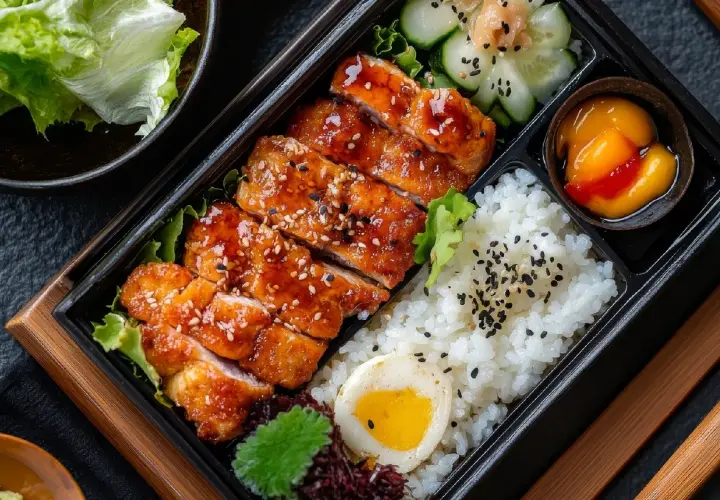 A delicious hinomaru bento with teriyaki chicken, rice, a hard-boiled egg, cucumber salad, and a sweet fruit topping.