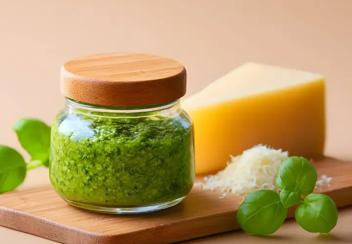 Słoik z domowym makaronem z pesto, obok kawałek parmezanu i świeża bazylia. Idealne składniki na pyszny obiad.