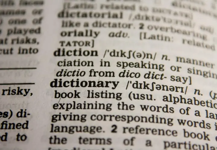 Zbliżenie na stronę słownika z hasłem "dictionary" i jego definicją.