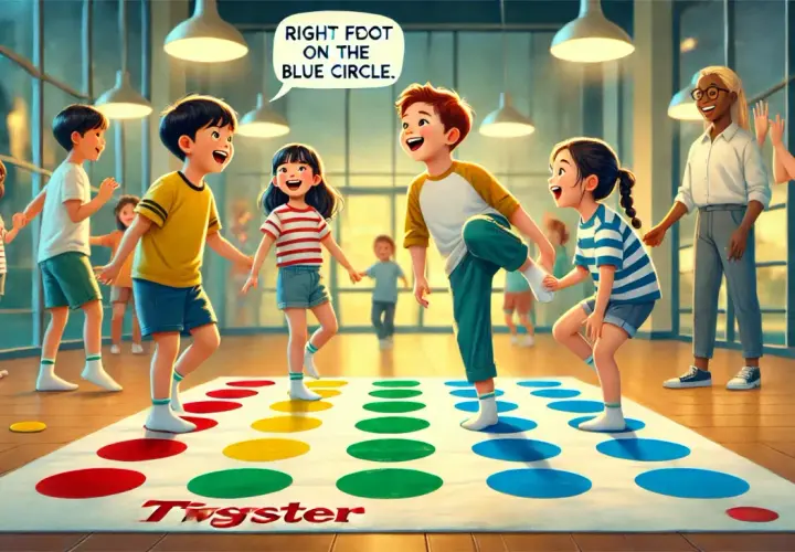 Niños jugando Twister, un juego de poner manos y pies en círculos de colores. ¡Qué divertido!