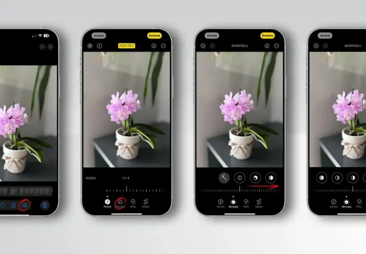 Edycja zdjęcia orchidei na iPhonie. Widoczne opcje trybu nocnego, portretowego i korekty obrazu.