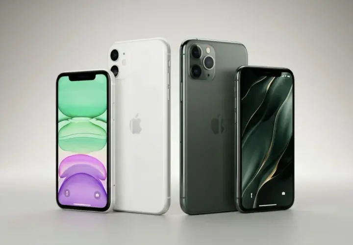 Dwa iPhone'y 11 i dwa iPhone'y 11 Pro w różnych kolorach. Porównanie iphone 11 wymiary.