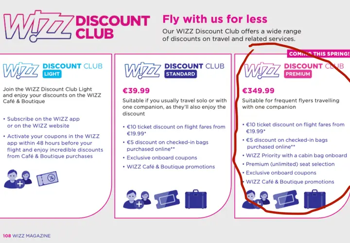 Trzy oferty Wizz Discount Club: Light, Standard i Premium, z cenami i korzyściami.