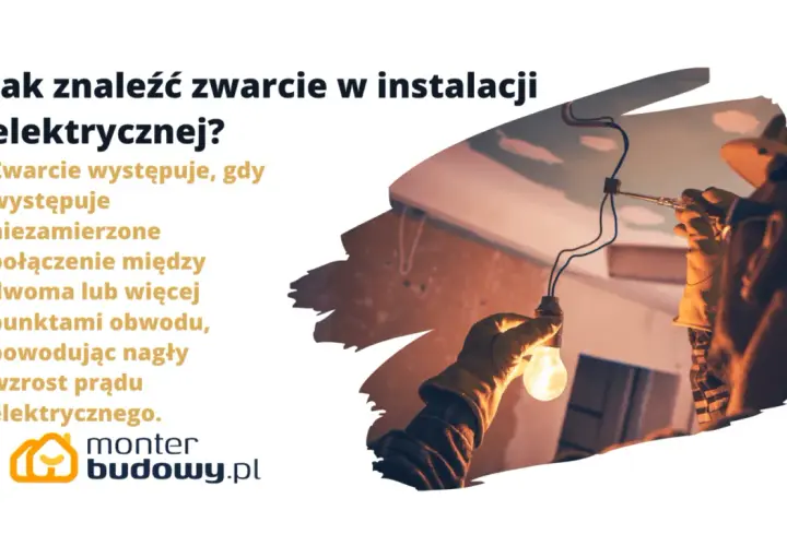 Elektryk naprawia instalację, szukając przyczyny zwarcia. Żarówka świeci, sygnalizując problem.