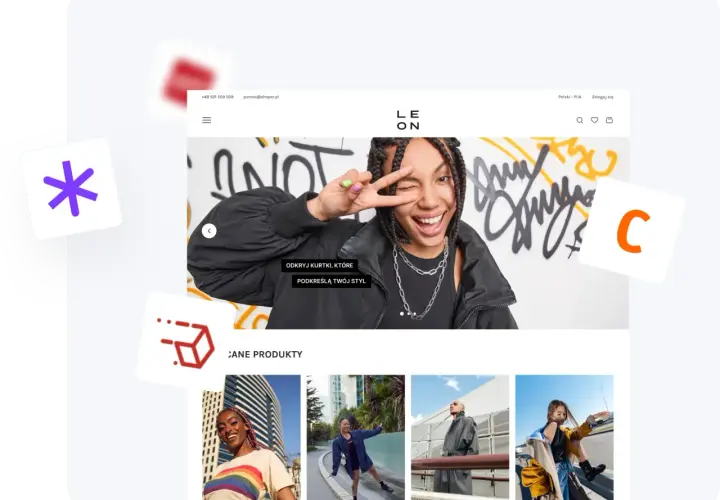 Strona główna sklepu internetowego z modą, prezentująca kampanię marketingową z młodymi ludźmi i ubraniami.