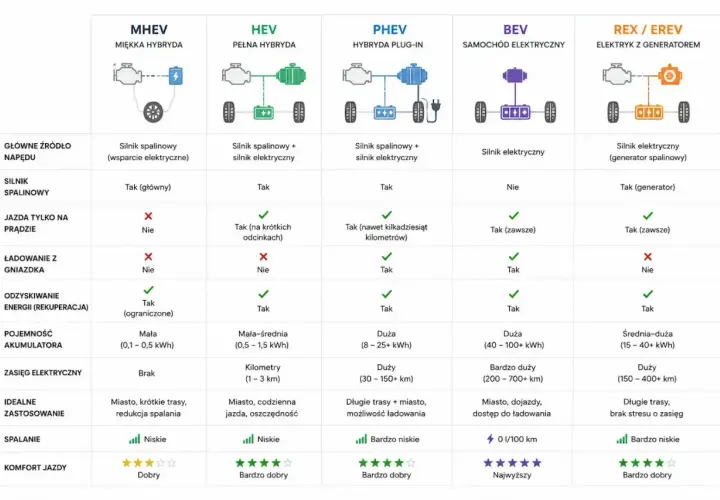 Porównanie hev vs phev: MHEV, HEV, PHEV, BEV, REX/EREV. Tabela pokazuje różnice w napędzie, zasięgu i zastosowaniu.