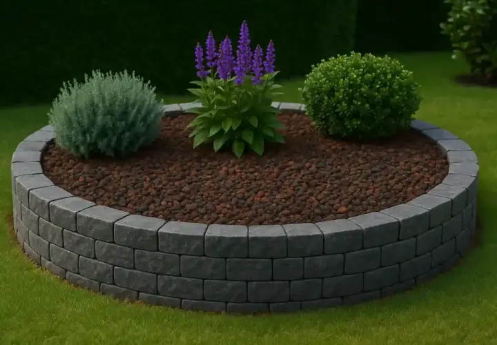 Aiuola circolare con bordura in pietra grigia, riempita di corteccia e piante verdi con fiori viola.