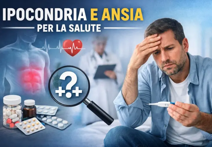 Uomo preoccupato con termometro, simbolo di ipocondriaco significato. Farmaci e lente d'ingrandimento suggeriscono ansia per la salute.