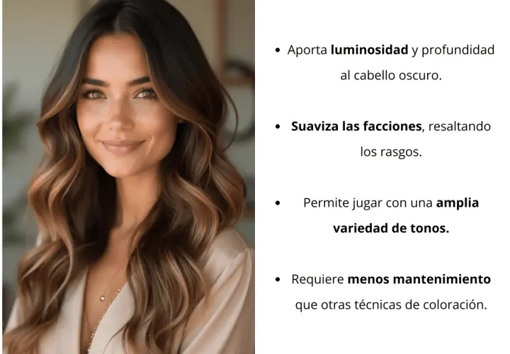 Morena con mechas balayage en pelo liso, aportando luminosidad y suavidad a sus rasgos.