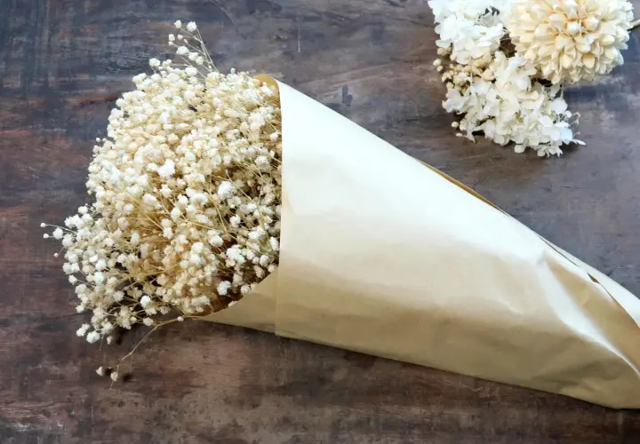 Un bouquet de gypsophile séché, emballé dans du papier kraft, prêt pour un projet de bricolage. Comment faire sécher du gypsophile.