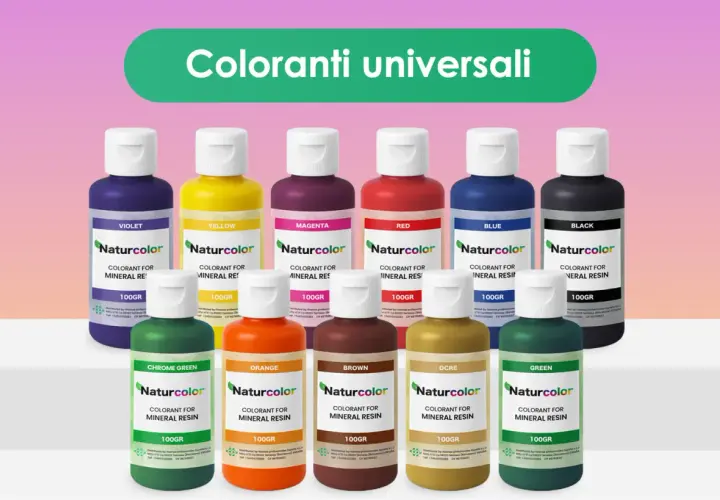 Ampia gamma di coloranti universali per resina minerale, disponibili in vari tipi di resina e colori vivaci.