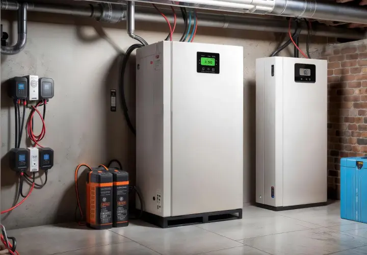 Białe magazyny energii, baterie i urządzenia sterujące w pomieszczeniu technicznym.
