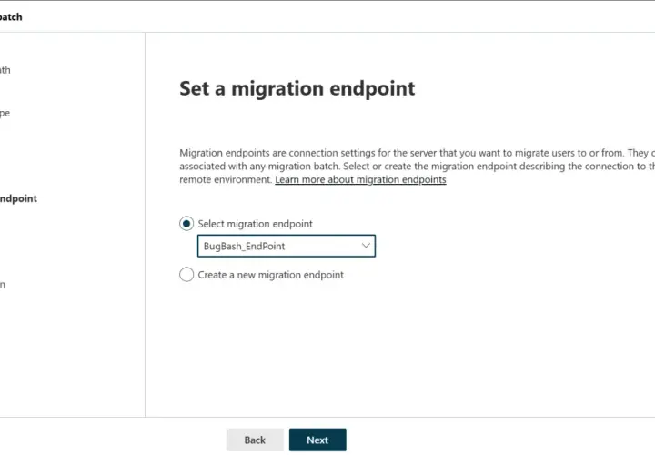 Configuration de l'endpoint pour la migration imap vers Office 365. Choix entre un endpoint existant ou la création d'un nouveau.