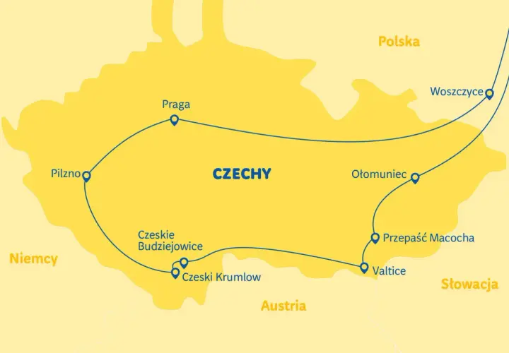 Mapa Czech z zaznaczonymi trasami turystycznymi, od Pilzna po Woszczyce, odkryj czeską Toskanię!