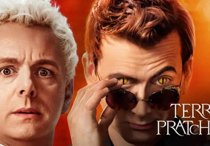 Deux hommes, l'un aux cheveux blancs et l'autre aux cheveux roux, se regardent. L'homme aux cheveux roux ajuste ses lunettes, révélant un œil jaune de serpent. L'image évoque "good omens lockdown".