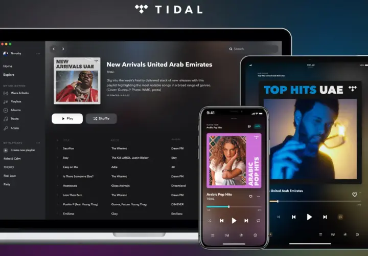 Ekran laptopa, tabletu i telefonu z interfejsem aplikacji muzycznej TIDAL.