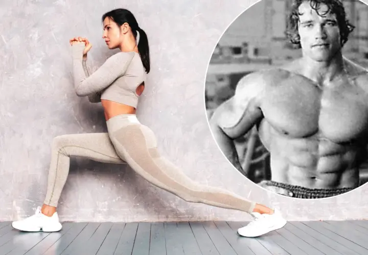 Kobieta w stroju sportowym wykonuje ćwiczenie, inspirowane legendarnym arnold split.