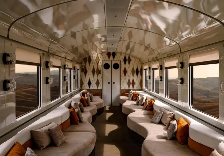 Luxuriöser Salonwagen des Orient Express. Geschwungene Sofas mit Kissen laden zum Entspannen ein, während die Fenster den Blick auf malerische Landschaften freigeben.
