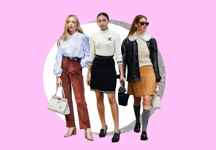 Tres mujeres lucen estilos que definen qué es preppy: una con blusa blanca y pantalón de lunares, otra con jersey de cuello alto y falda negra, y la tercera con chaqueta de cuero, jersey de ochos y falda plisada.