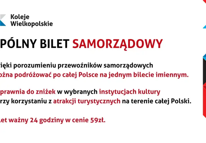 Wspólny bilet samorządowy Kolei Wielkopolskich umożliwia podróżowanie po Polsce i zniżki w atrakcjach.
