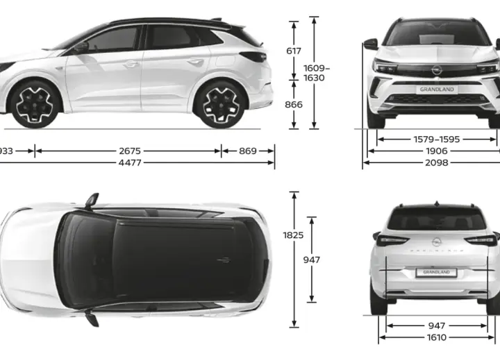 Opel Grandland wymiary: długość 4477 mm, szerokość 1906 mm, wysokość 1609-1630 mm. Widok z boku, przodu, tyłu i z góry.
